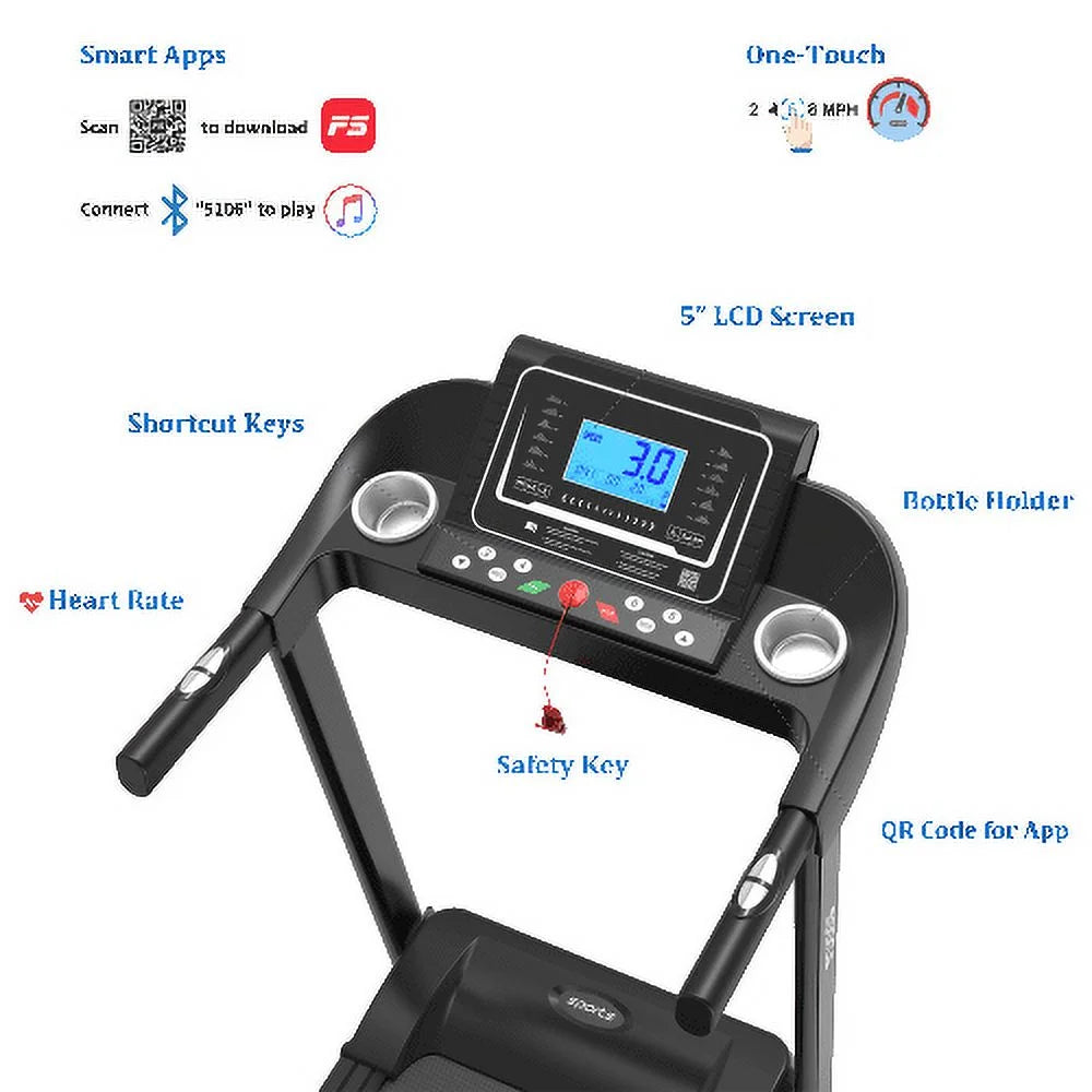 Electric Walking Treadmill Machine 5" LCD Screen 250 LB Capacity Bluetooth Music