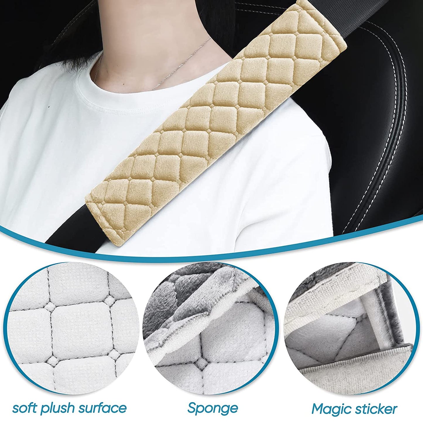 2Pcs Car Seat Belt Cover Pads, Shoulder Seatbelt Pads Cover, Safety Belt Strap Shoulder Pad for Adults and Children (Beige)